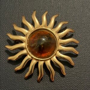 Vintage Gold Plated Sunburst Brooch with Amber Cabochon Center 2”